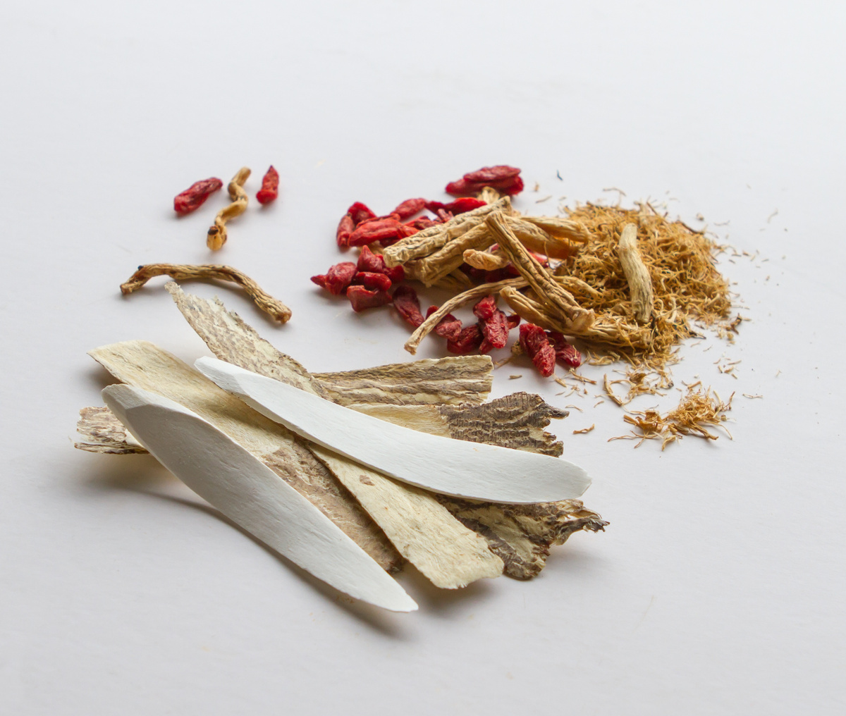 Chinese herbs on white table